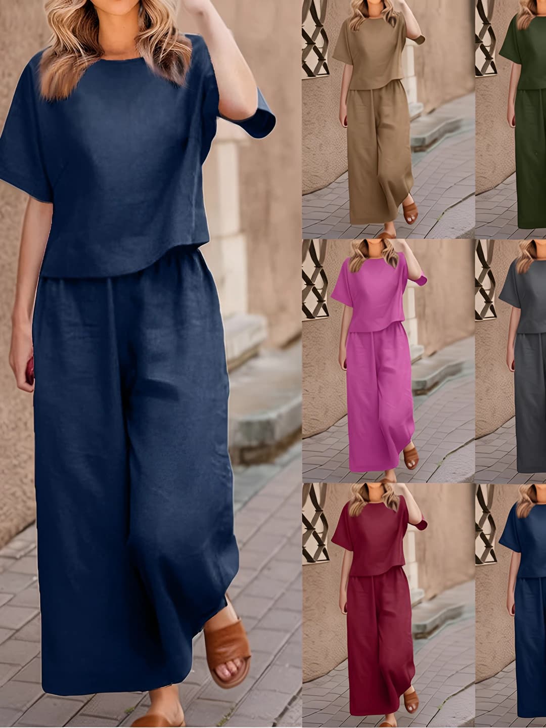 Ayollar uchun kundalik katta o'lchamli bo'sh (oversize) bir rangli to'plam (komplekt): bo'sh (oversize) yuqori yengli top va keng oyoqli shim