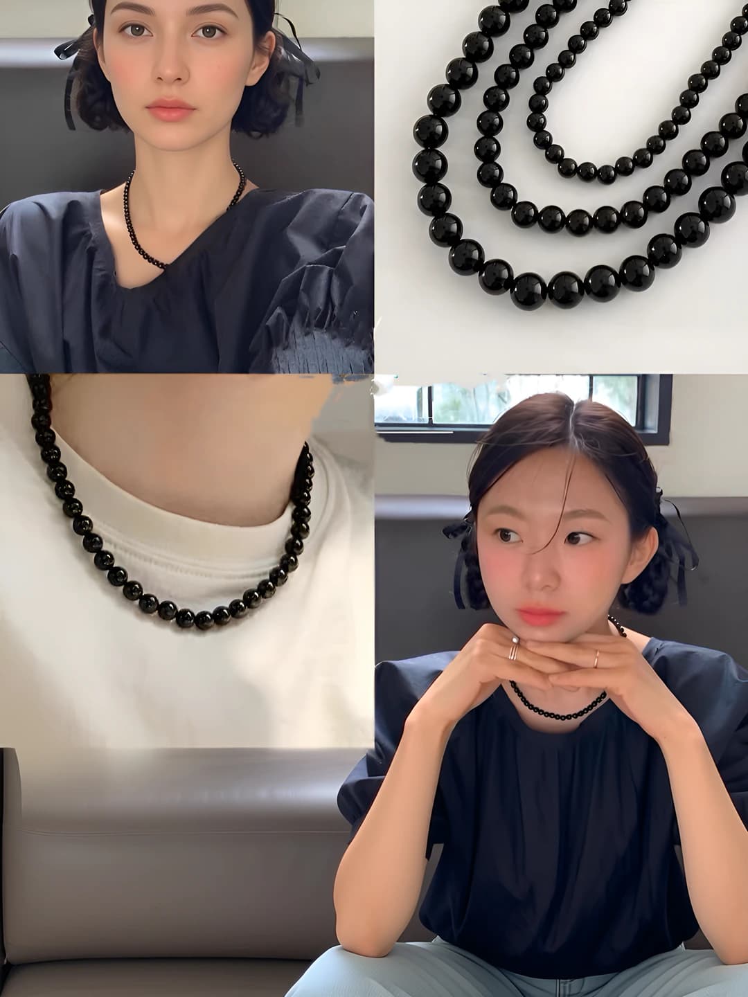 Women's short black pearl necklace, Korean style, retro design element