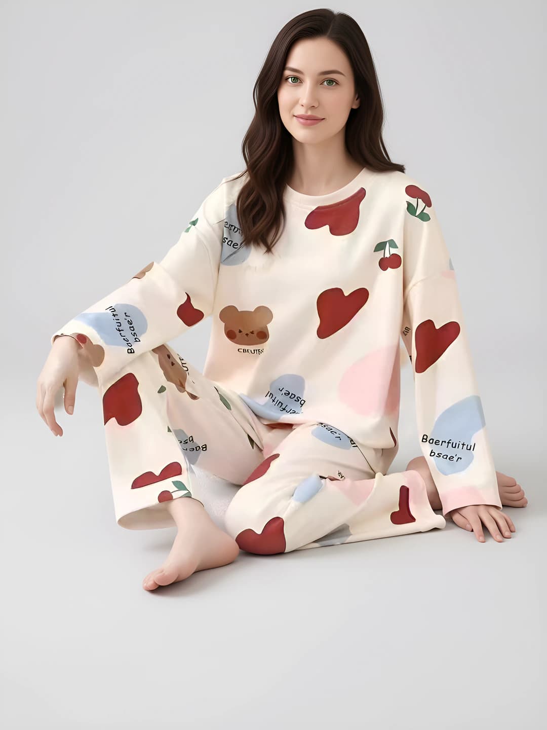 Ayollar uchun pijama to'plami: koreys uslubida, ins uslubida, katta o'lcham, bo'sh (oversize), uzun yeng, uzun shim, yupqa, dumaloq yoqa, kundalik, to'rt mavsum