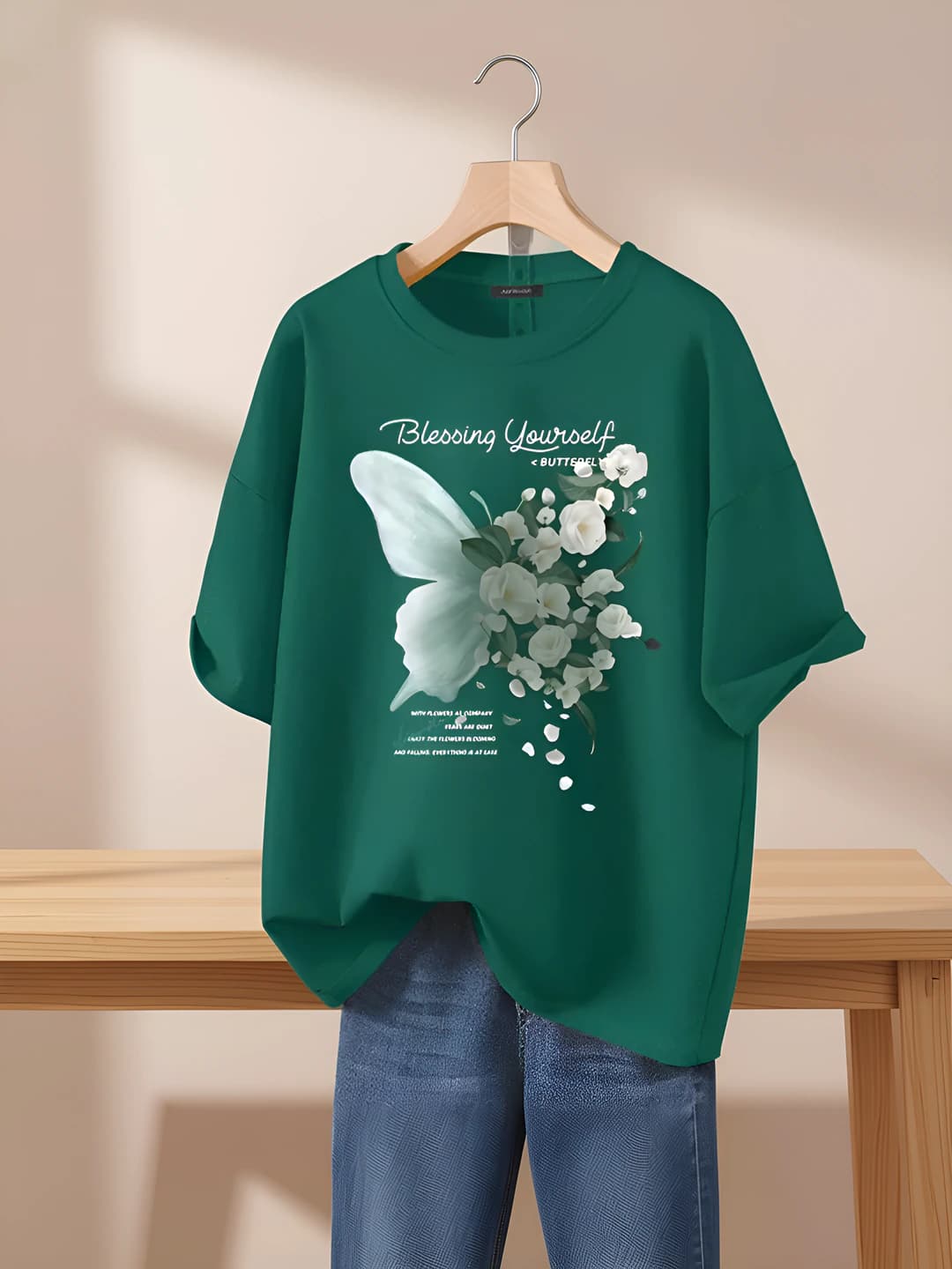 Women's pure cotton plus size crew neck short sleeve loose fit slimming printed mid-length t-shirt