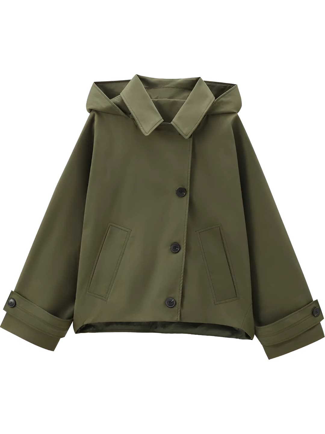 Women's autumn short jacket, detachable hood, solid colour, loose fit, polyester, casual style