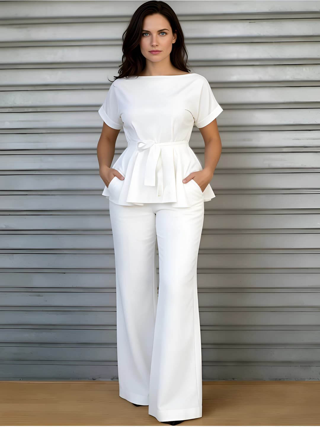 Women's casual clothing set: sleeveless t-shirt and wide-leg trousers, solid colour, for summer