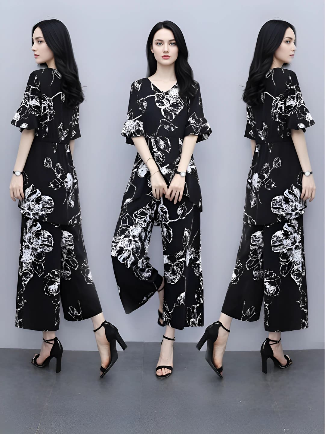 Women's summer plus size loose fit short sleeve retro printed ankle-length trousers casual set