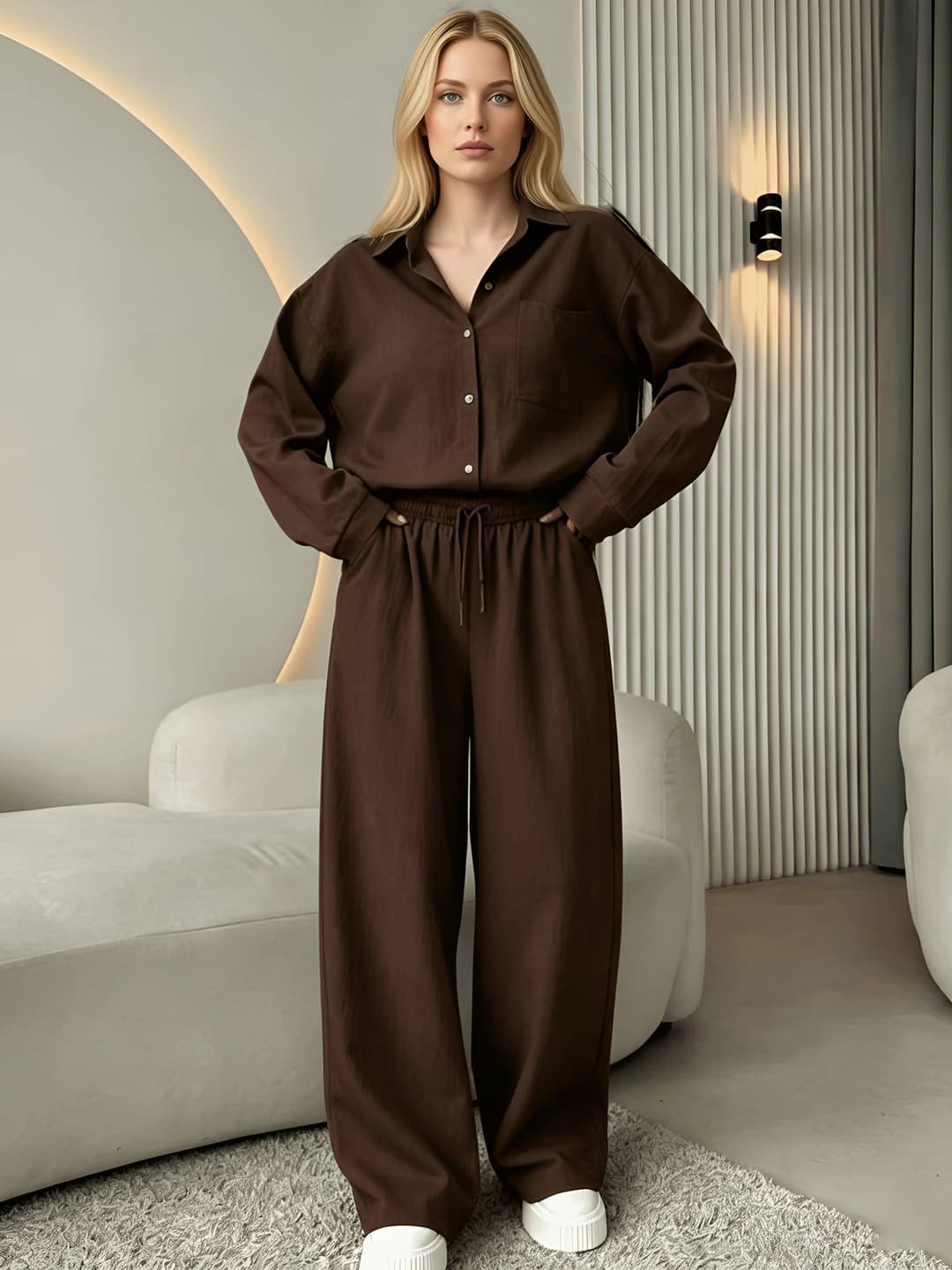 Women's plus size clothing set: loose fit, long sleeve, blouse and trousers, sun-protective