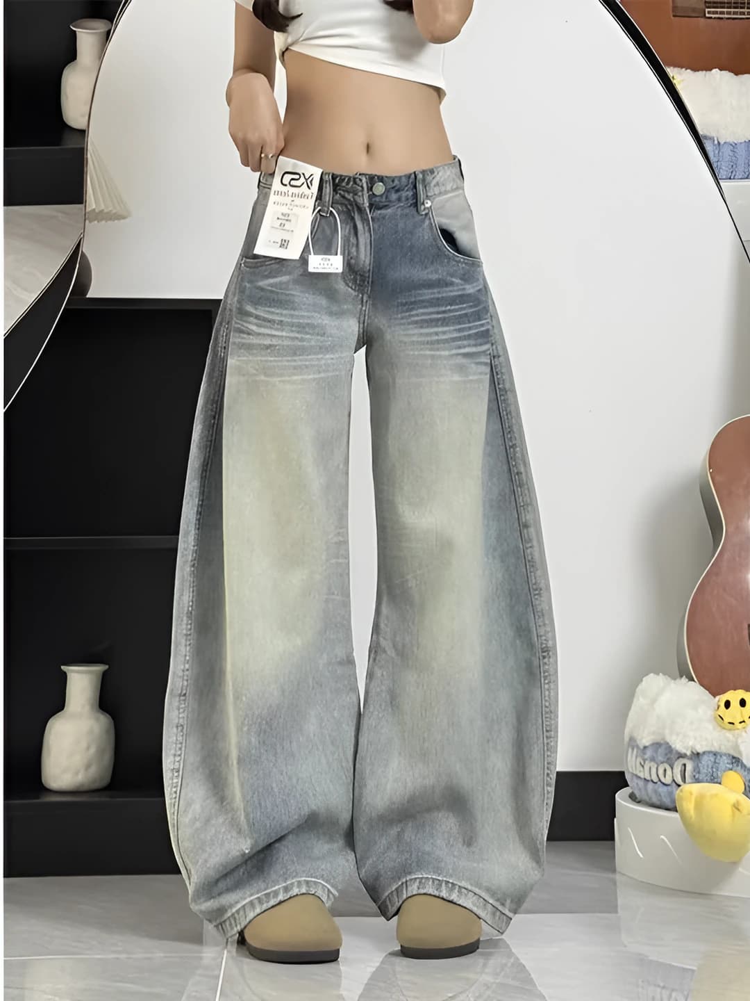Women's retro loose fit low waist straight cut wide and flared jeans, spring-autumn