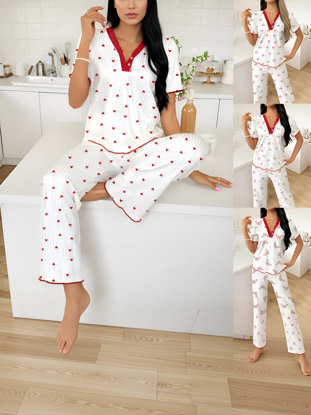 Women's short-sleeve pajama set with wide-leg pants, V-neck, printed, loungewear