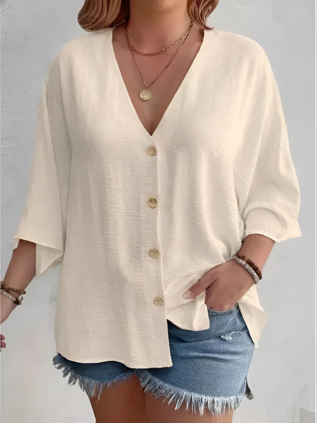 Women's V-neck button cardigan, loose fit, plus size, elbow-length sleeve, casual