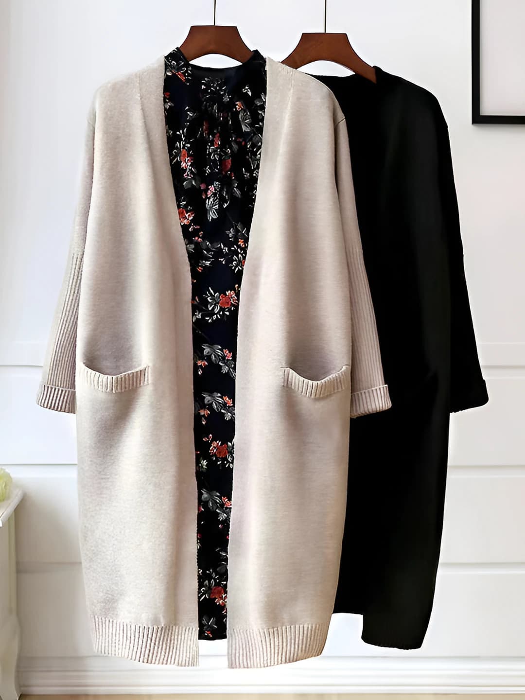Women's knit cardigan, V-neck, long sleeve, solid colour, loose fit, mid-length, spring-autumn