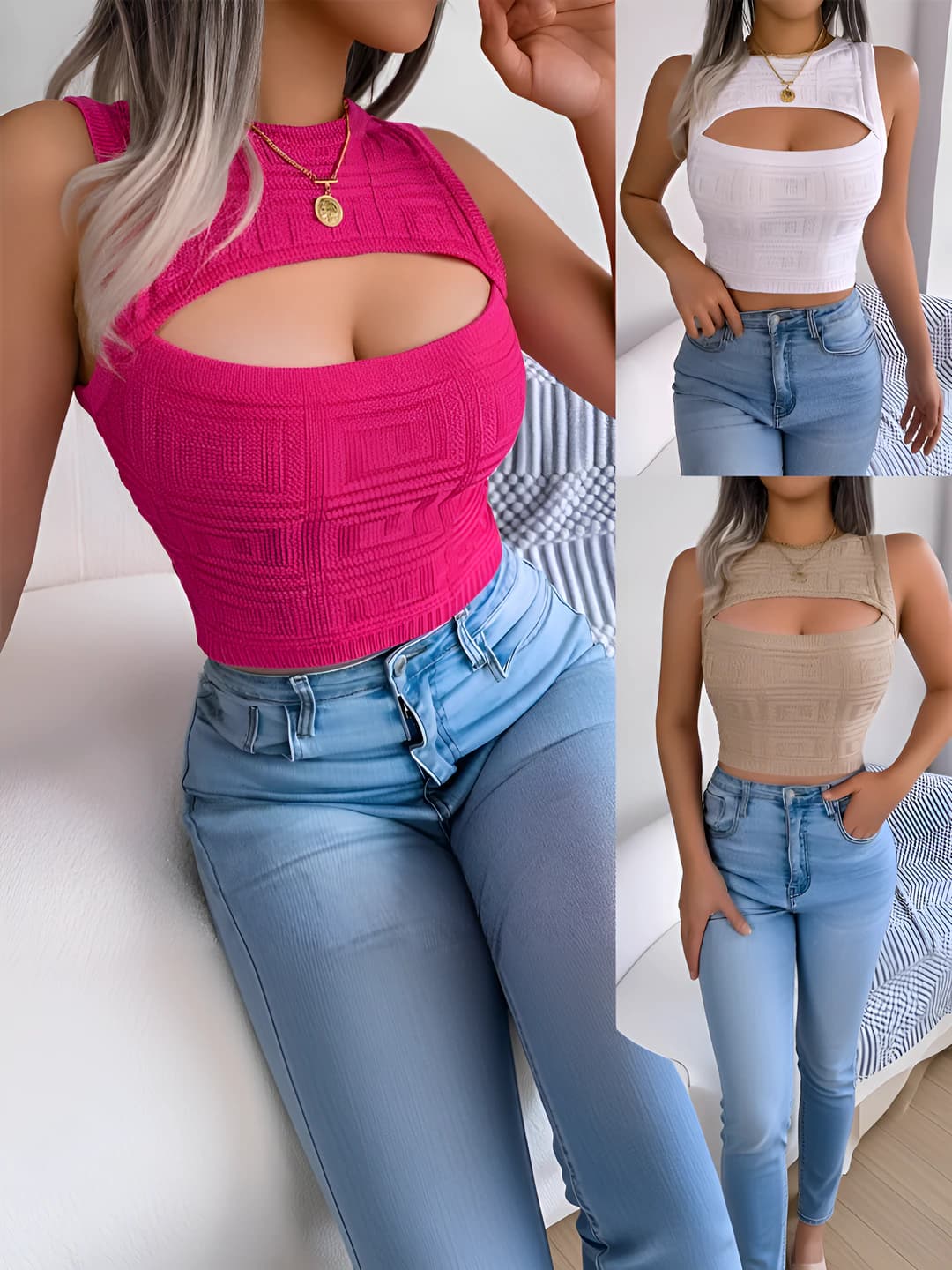 Women's knitted top: sleeveless, loose fit, printed, retro style