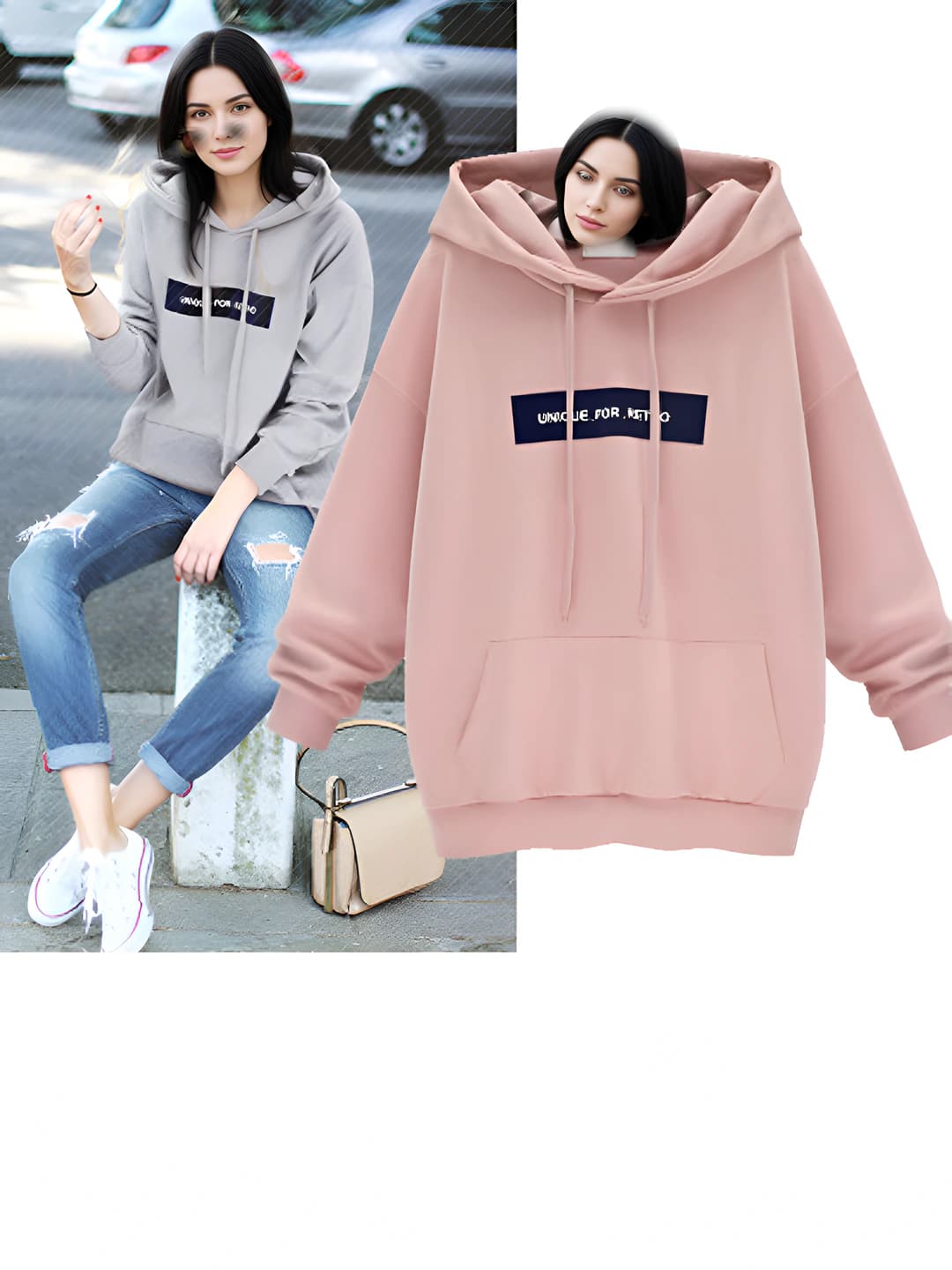Ayollar uchun qishki issiq astarli, qalinlashtirilgan, bo'sh (oversize) kesimli, uzun yengli, bosma naqshli, katta o'lchamli, kundalik svitshot