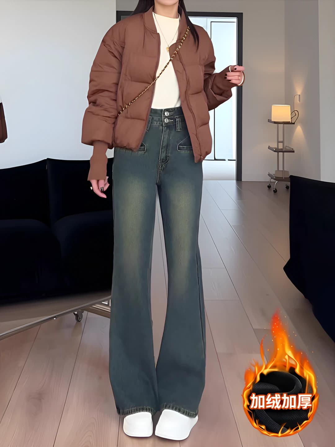 2026 kuz-qish ayollar uchun retro issiq astarli, baland bel, nozik ko'rsatadigan, bo'sh (oversize) keng va klesh jinsi shim, past bo'ylilar uchun