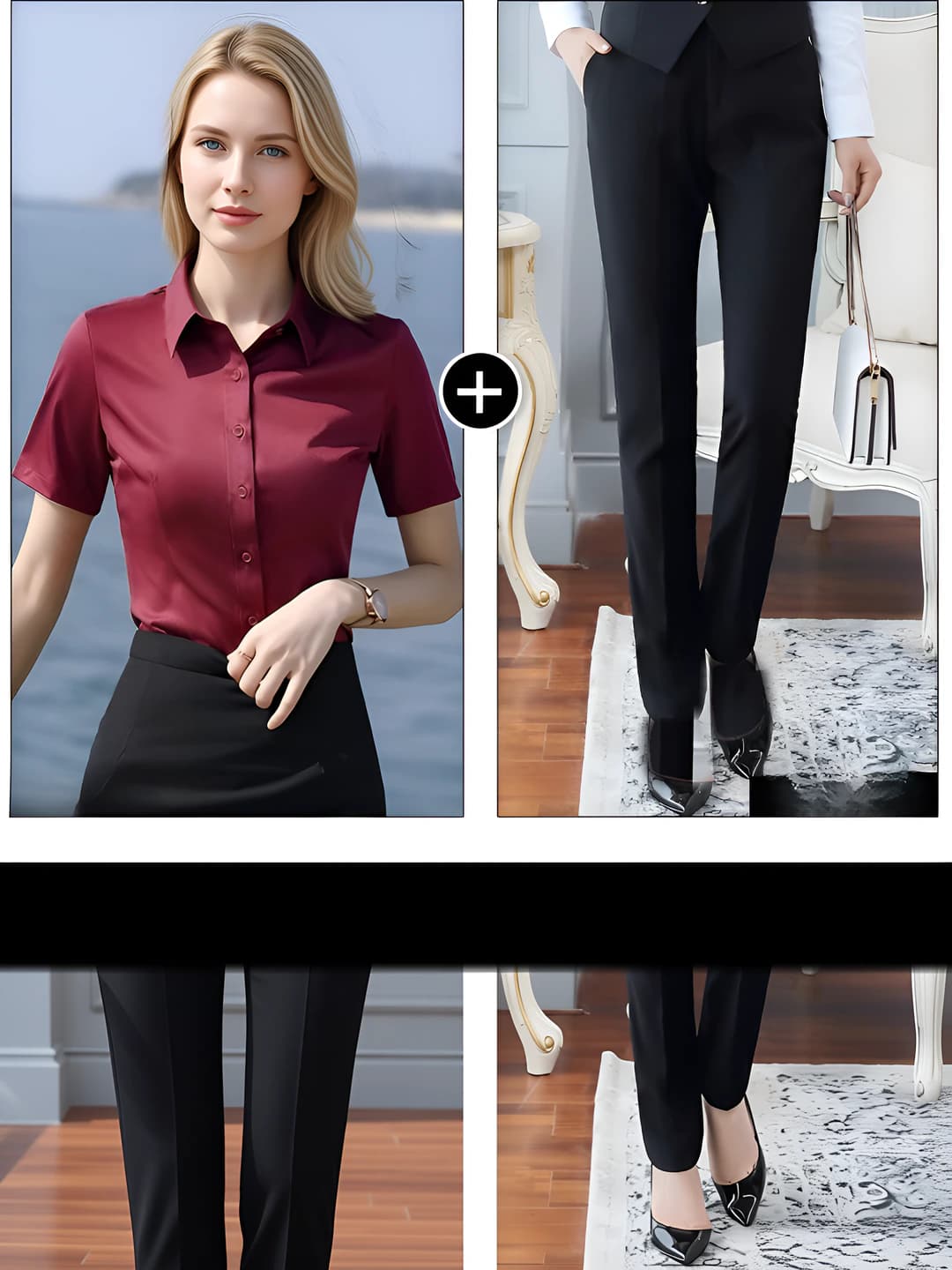 Wine red shirt + black pants