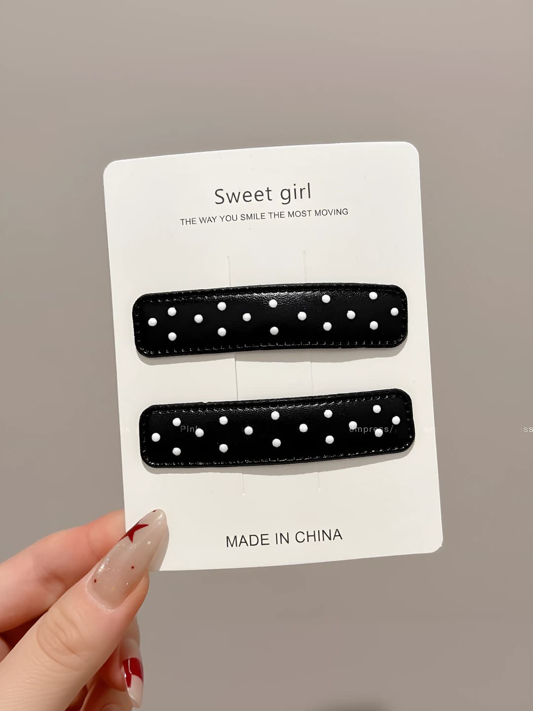 3# Black polka dot rectangle pair hair clips approx 7.5 cm
