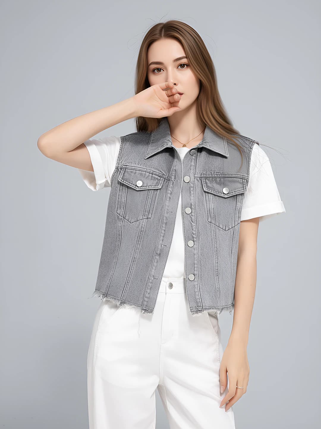 Ayollar uchun retro denim jilet, bahor-yoz 2026, yengsiz, POLO yoqa, kundalik uslub