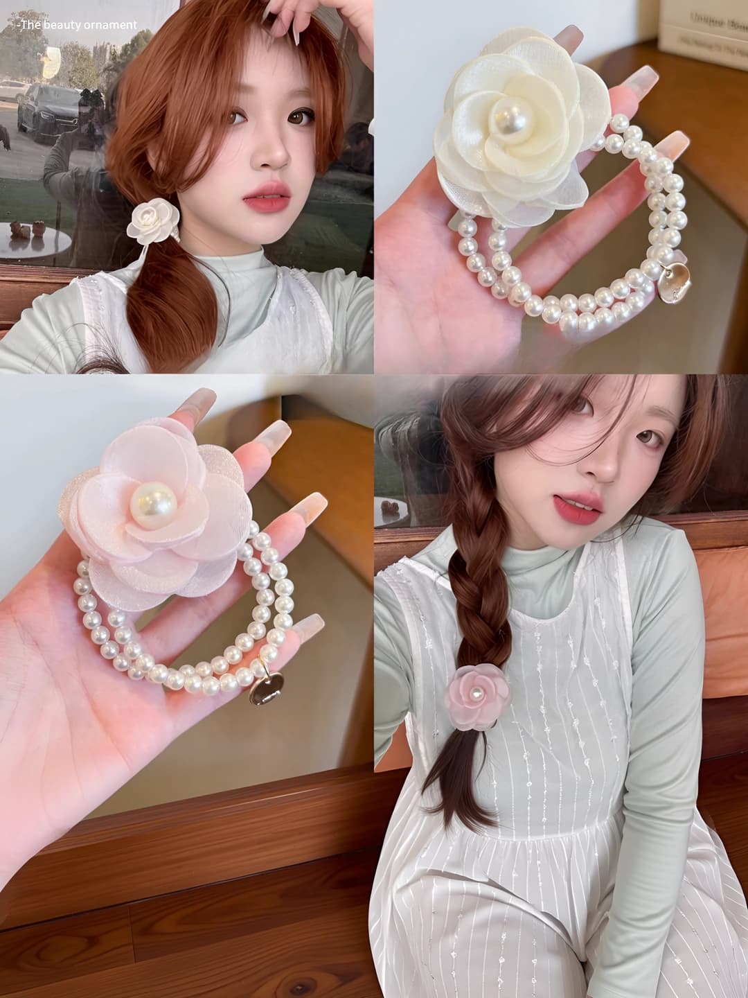Women's hair tie with camellia flower and pearl, stretch, summer, sweet style, dual use