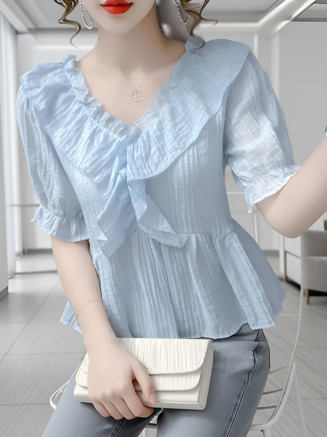 Women's summer V-neck blouse with ruffles and short sleeves in retro style, slim fit