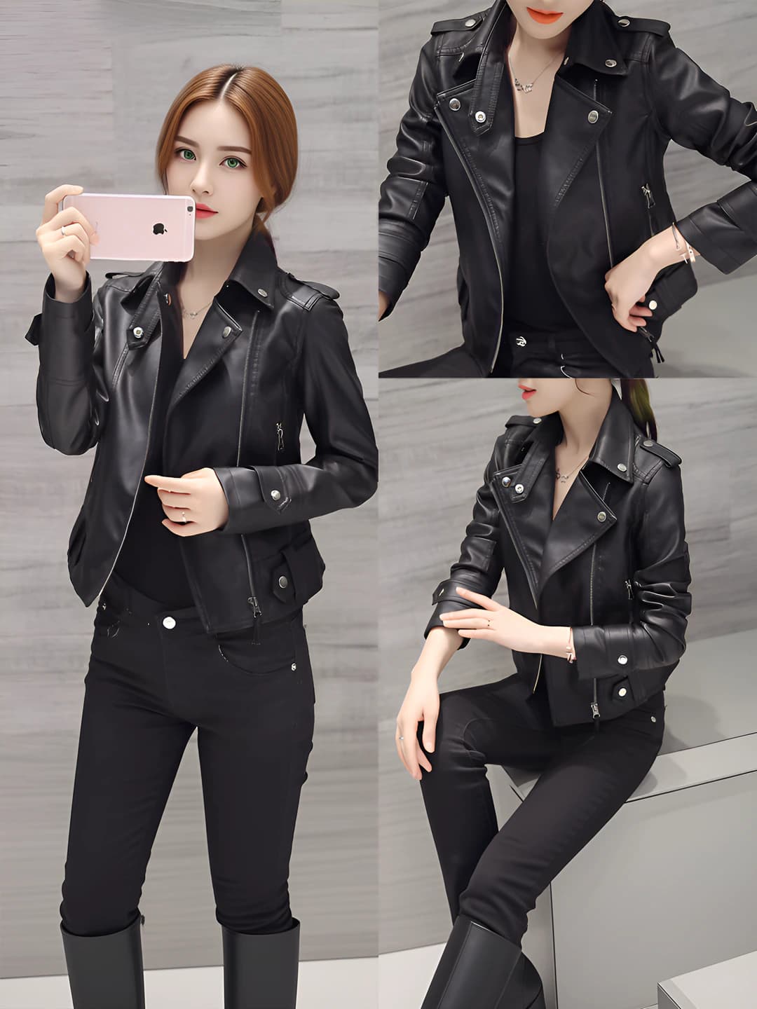Women's 2026 spring-autumn cropped PU leather biker jacket, slim fit, lapel collar, long sleeve, zip, Korean style