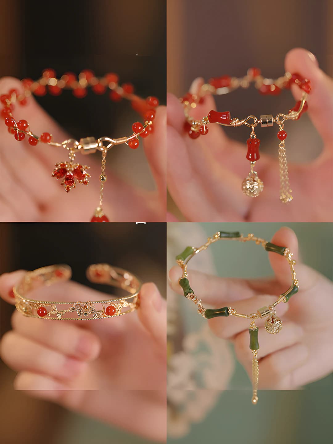 Women's new Chinese style retro bracelet: beaded woven maple leaf and ginkgo design element, alloy material with plating, bamboo knot pattern