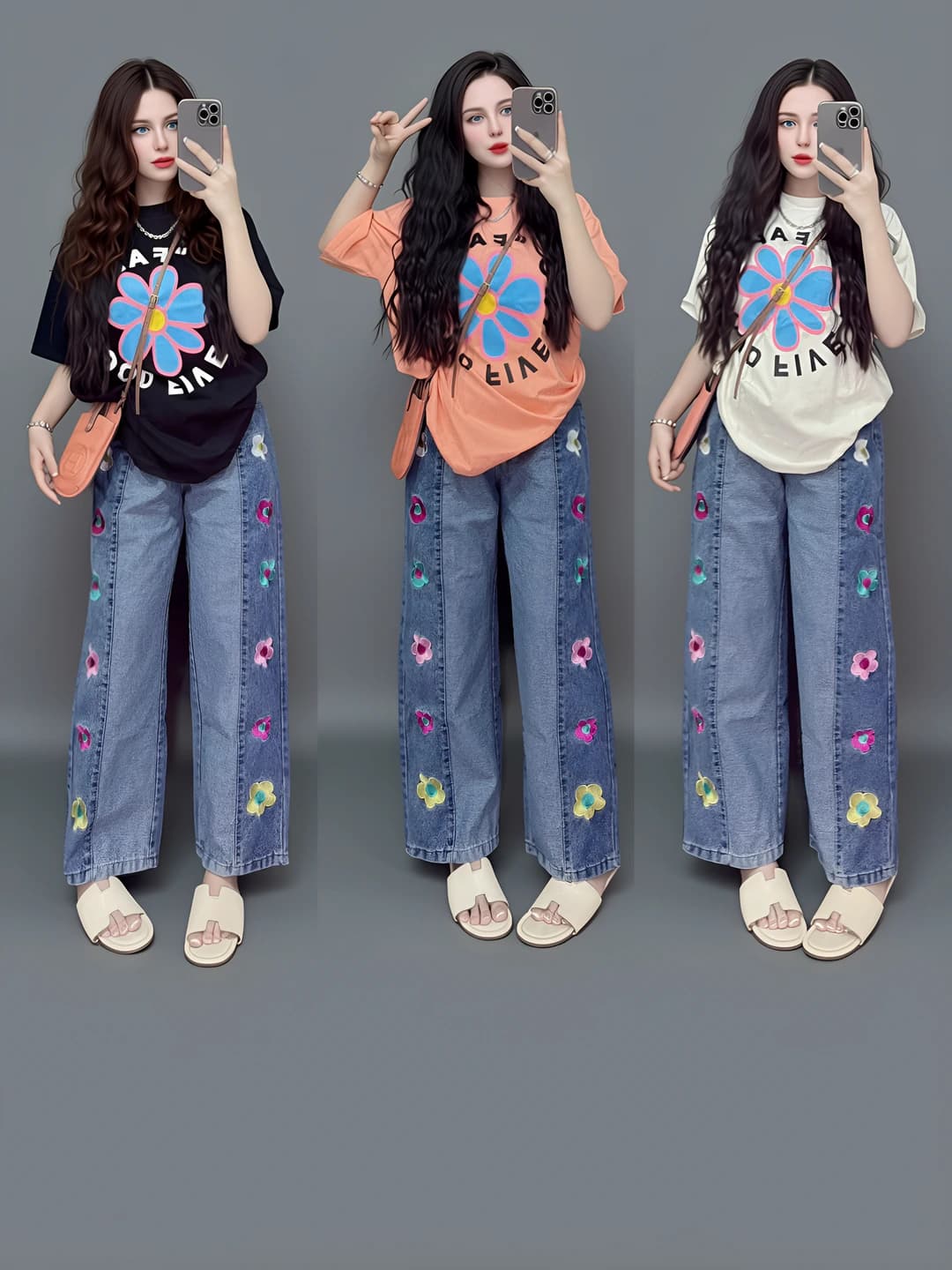 Women's summer casual set: loose fit t-shirt and wide-leg trousers, printed, slimming, short sleeve, 3D design element