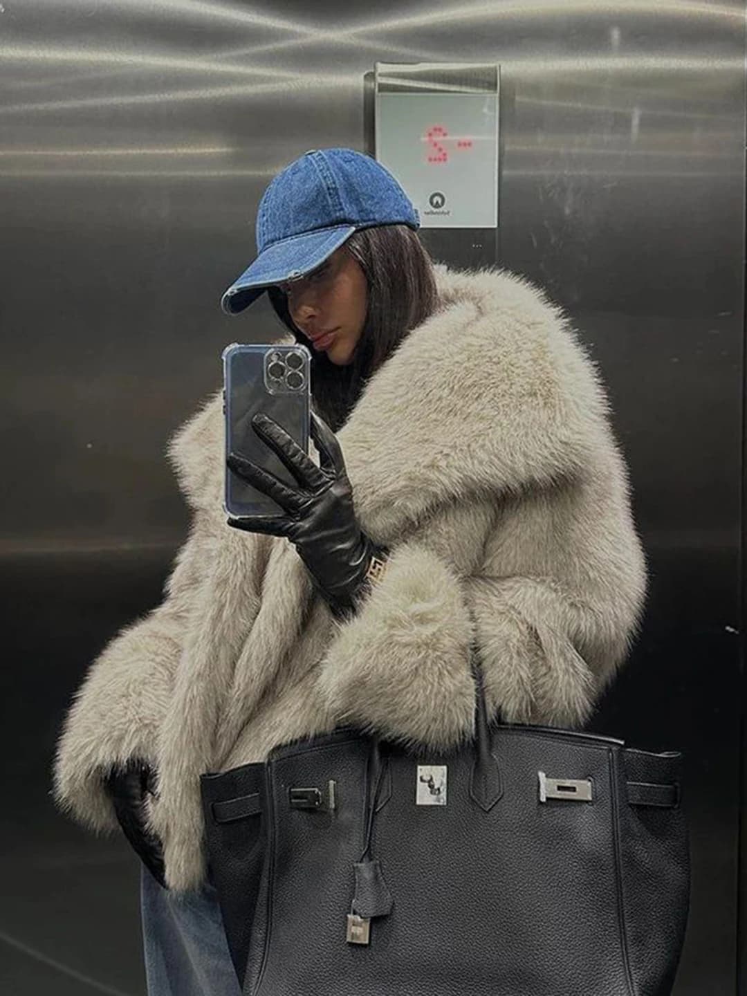 Women's short faux fur coat with lapel collar, long sleeve, casual, british style, artificial fur