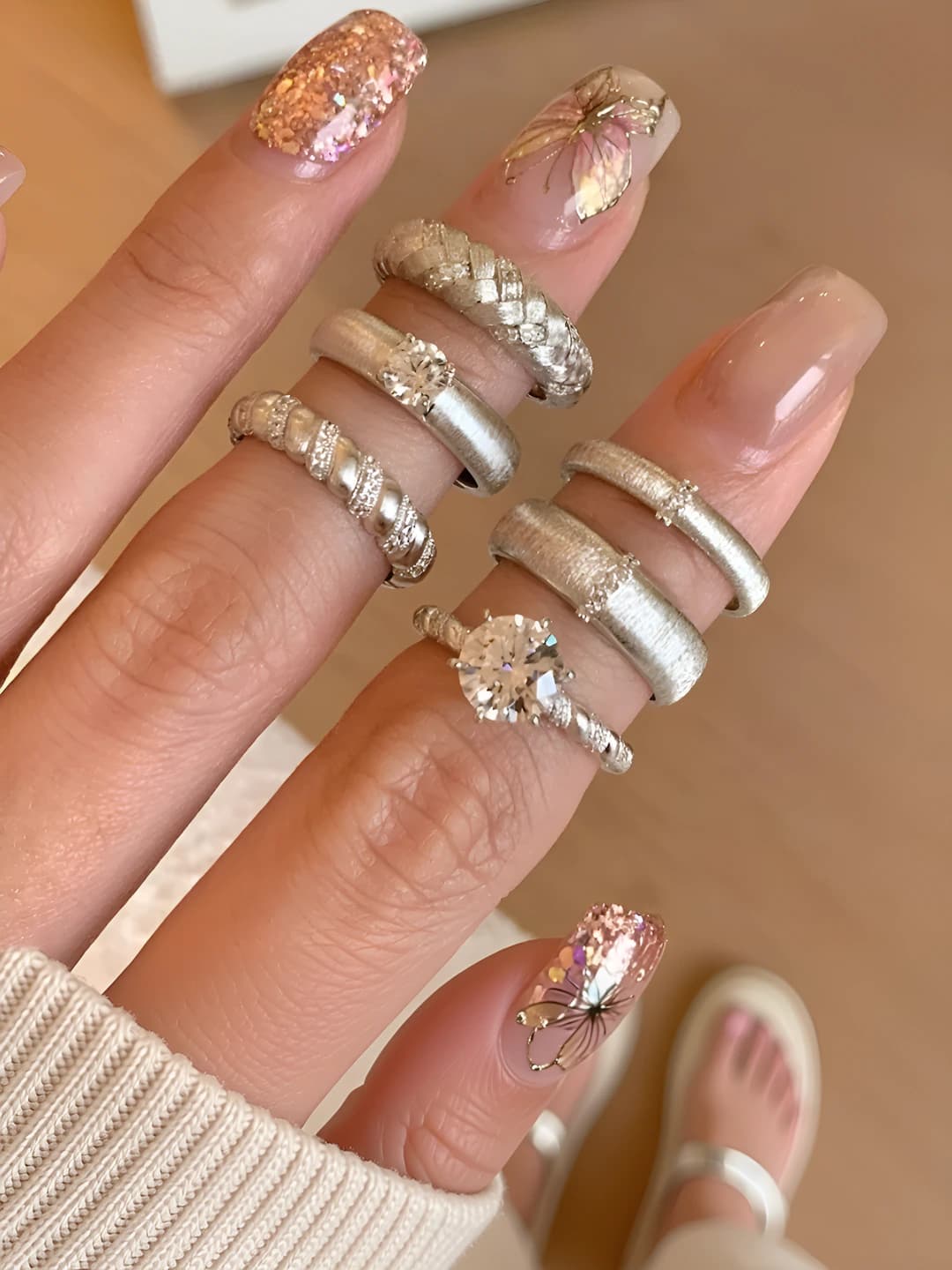 Women's French-style unique design brushed micro-set six-pointed star diamond ring, silver textured stacking finger ring