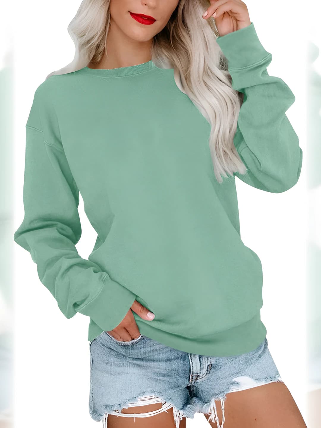 Women's crew neck long sleeve sweatshirt, autumn 2026, 3D printed, solid colour, regular fit