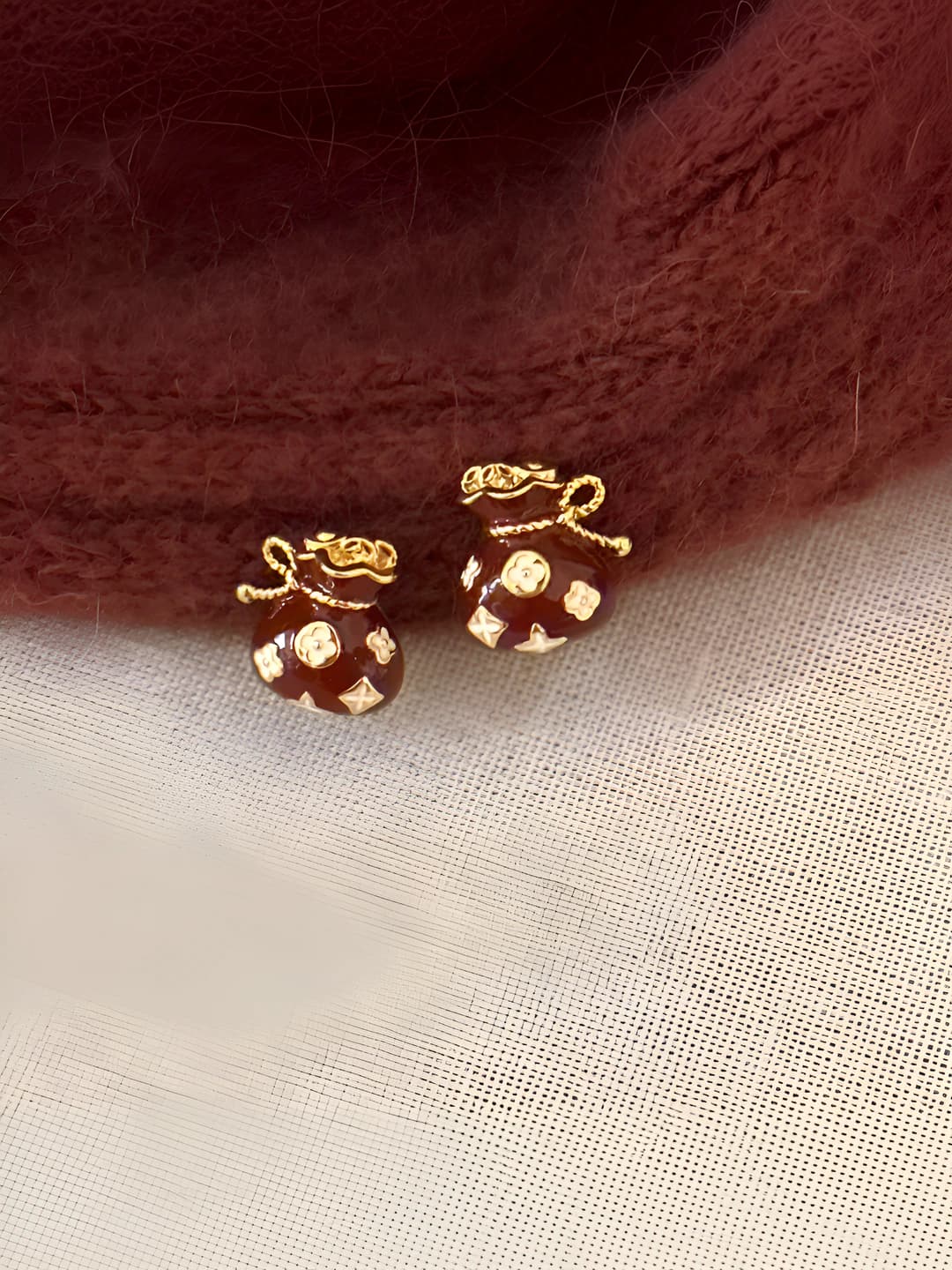 Women's red fudai design earrings, new chinese style, casual and unique