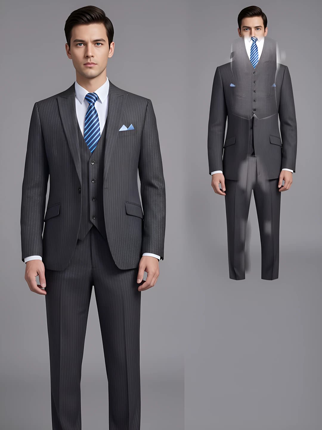 Men's grey suit + vest + trousers