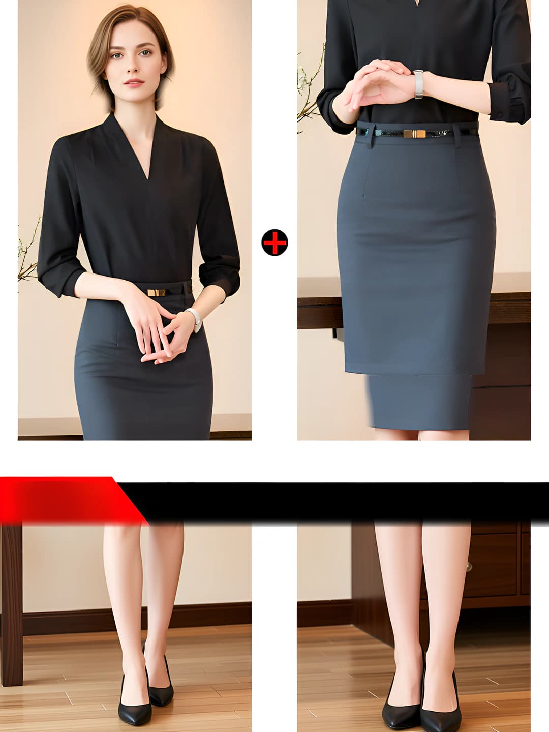 Black shirt + grey skirt