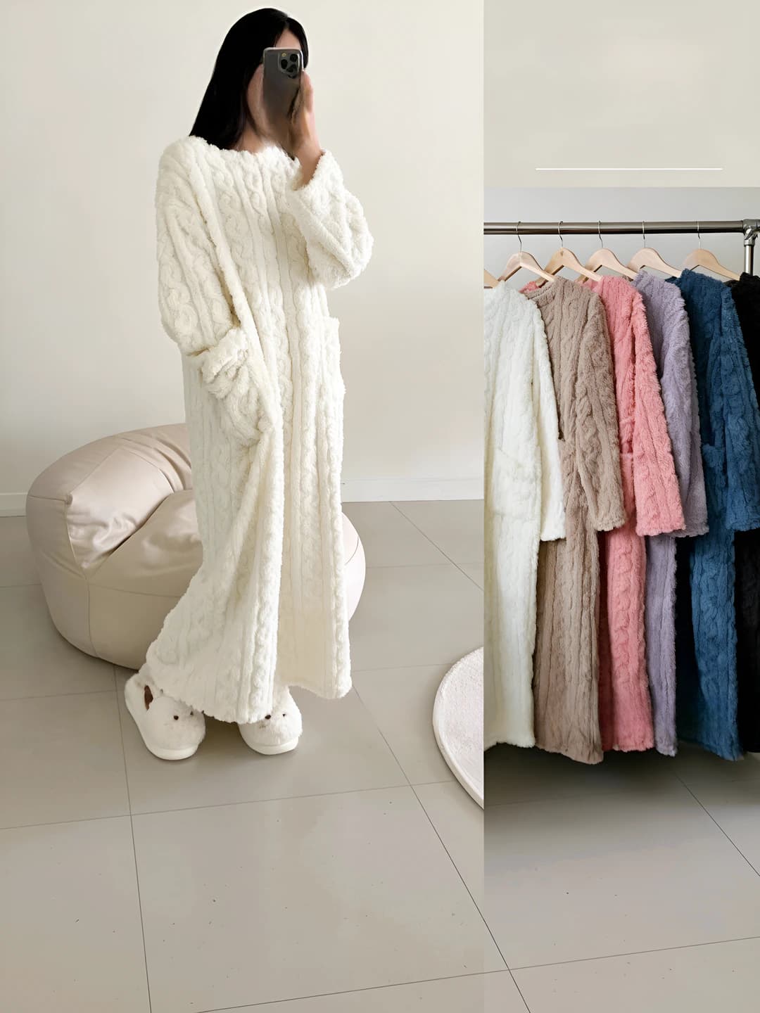 Women's coral fleece nightgown with crew neck, elbow-length sleeve, long skirt, warm home dress