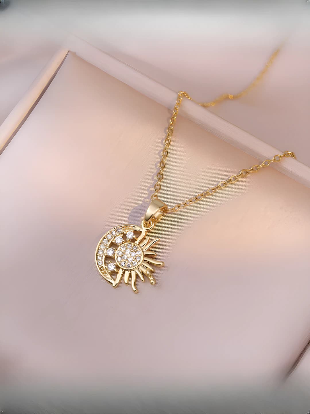 Women's titanium steel chain necklace with 18k gold plating, non-fading, zircon pendant in sun and moon shape