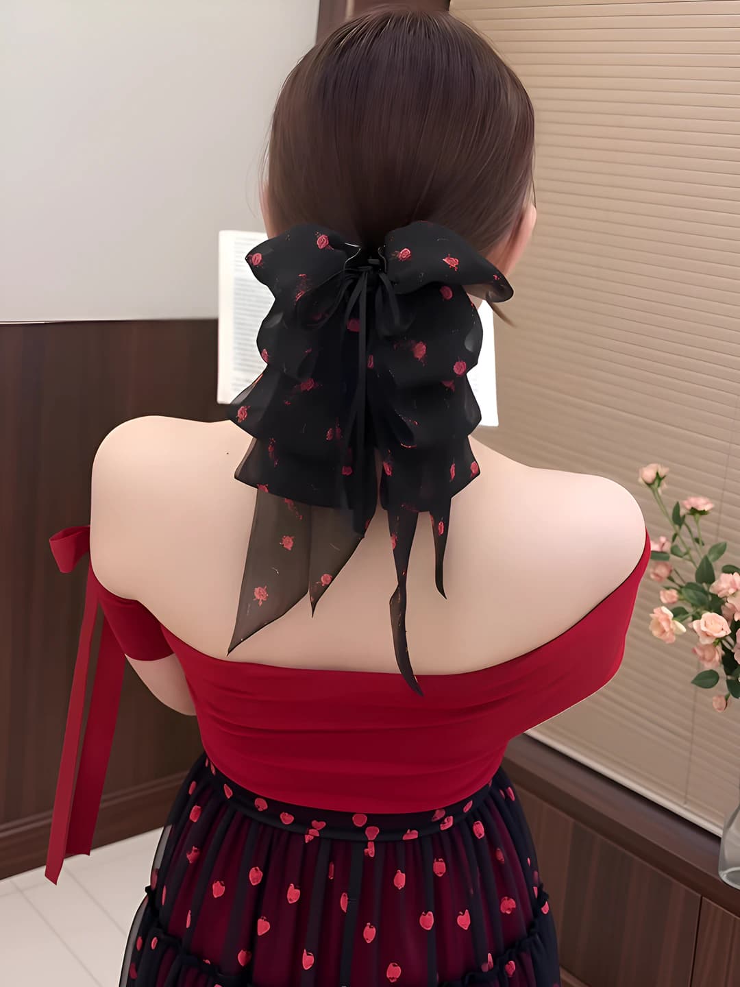 Black-red floral - bow 18.5 cm, ribbon 20 cm