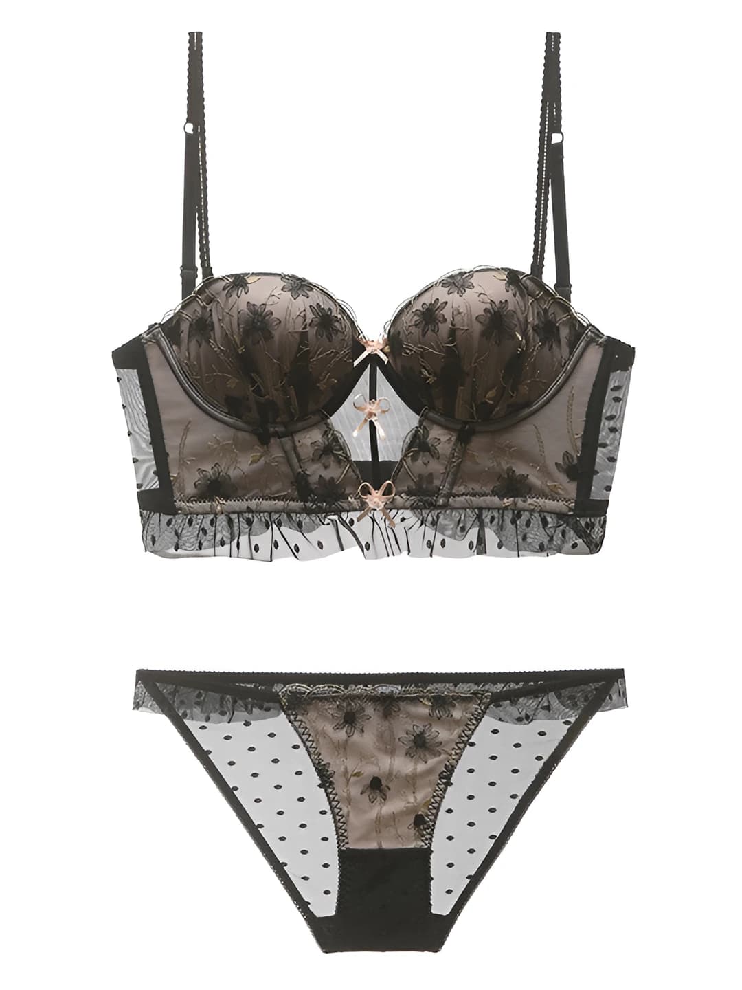 Women's summer lace and embroidered bra and panty set, large U-shape, contrast color, push-up, breathable