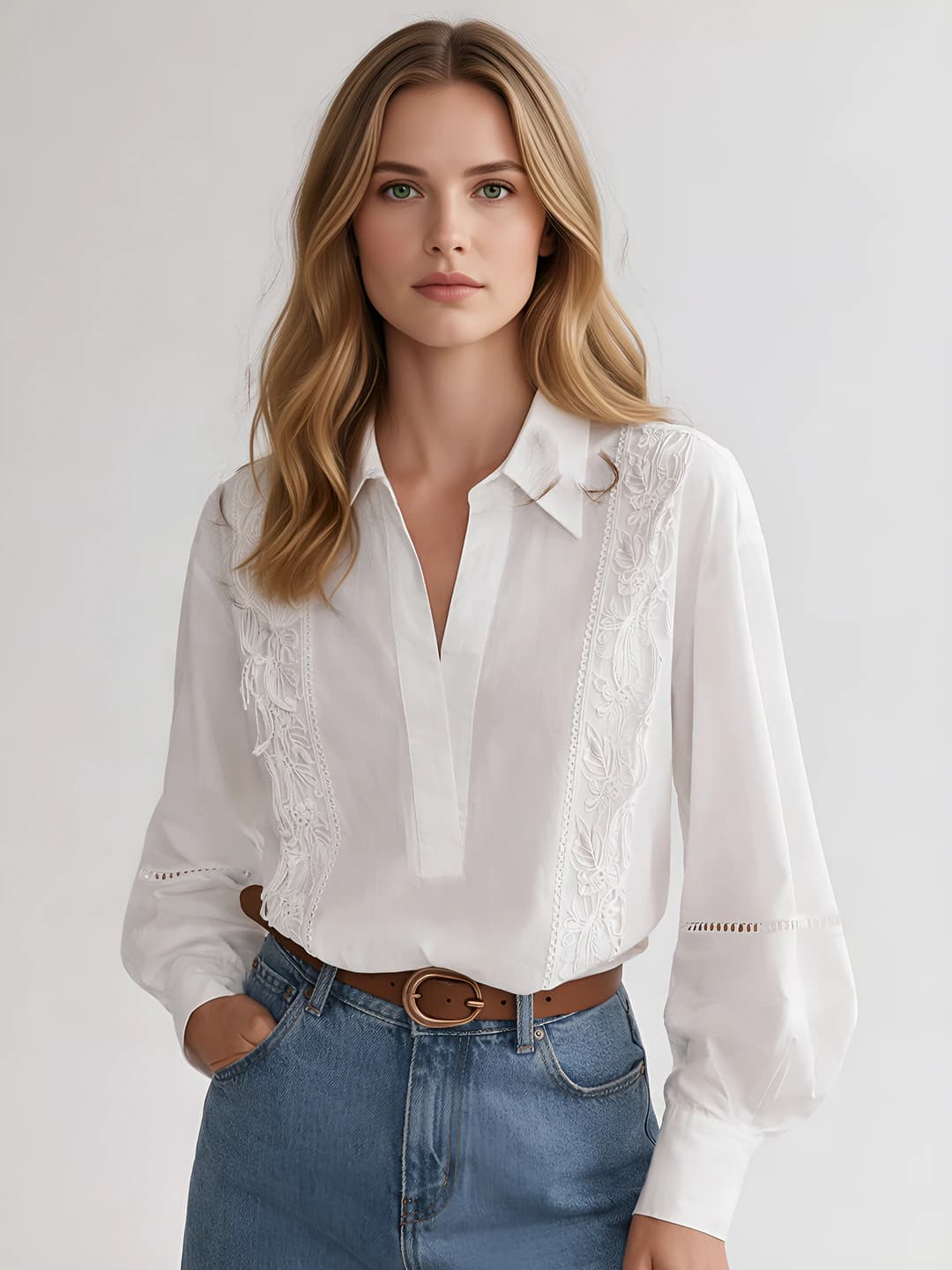 Ayollar uchun uzun yengli dantel ko'ylak-shirt, bir rangli, bo'sh (oversize) kesim, qaytarma yoqa, POLO yoqa, 95% poliester, bahor uslubidagi bluzka
