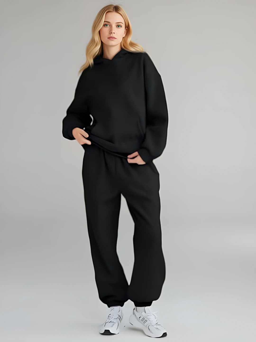 Ayollar uchun sport kundalik bo'sh (oversize) xudi va jogger to'plami, uzun yengli, bir rangli, to'rt mavsum