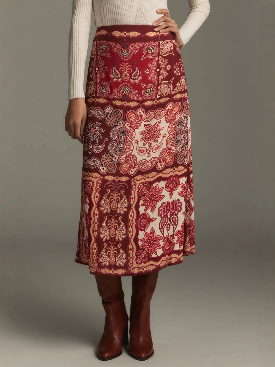 Women's printed A-line midi skirt, high waist, chiffon, slimming, vacation style