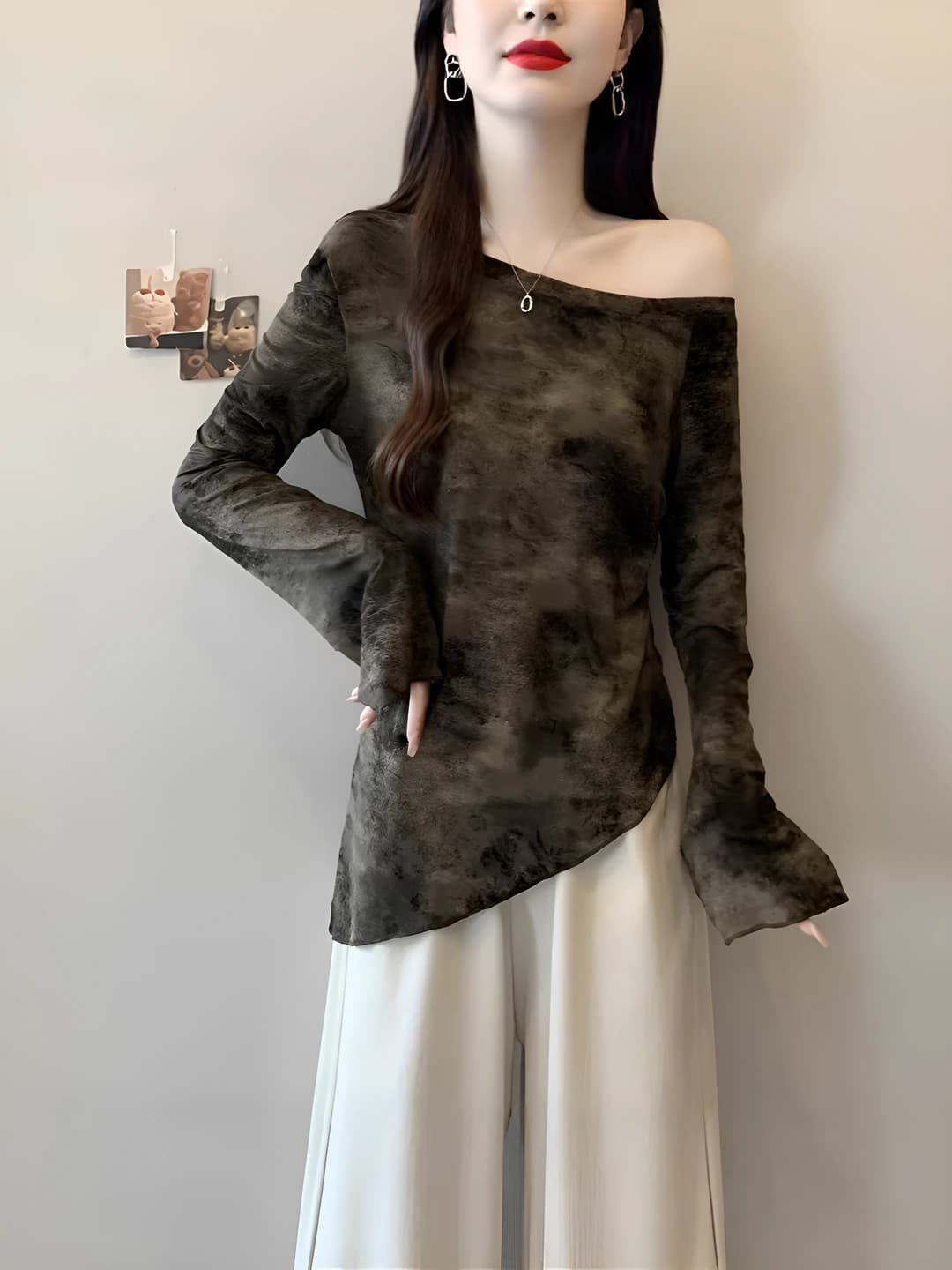 Women's tops with dropped shoulders, tie-dye, retro, long sleeve, slim fit, slimming, printed, irregular