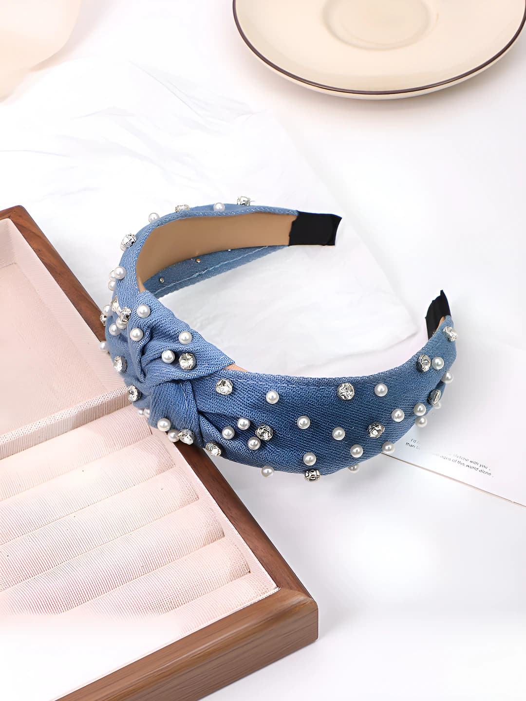 Light denim pearl headband