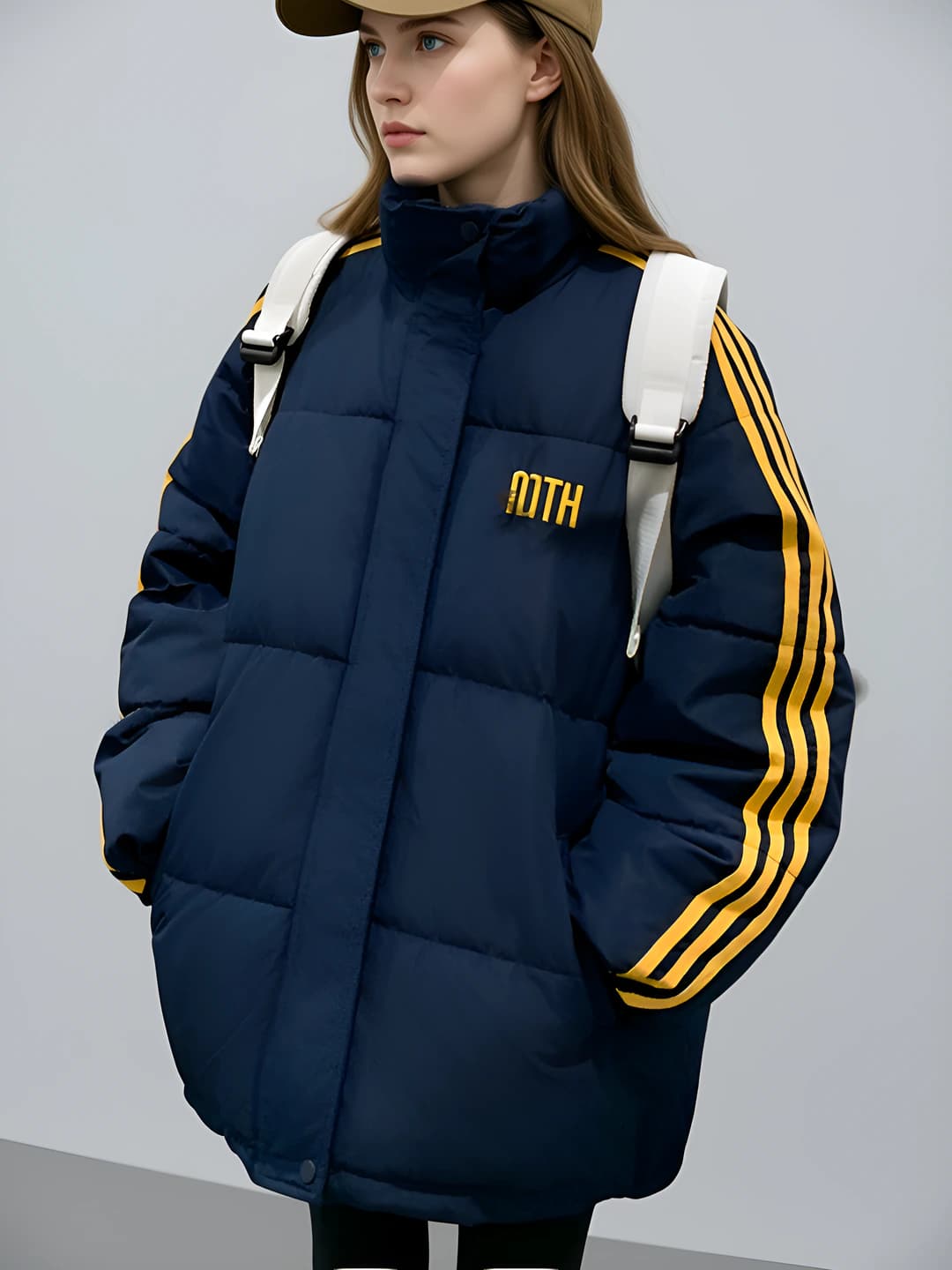 Ayollar uchun 2026 qishki qalinlashtirilgan puxli kurtka, tik yoqa, bo'sh (oversize) kesim, bir rangli, polyester mato