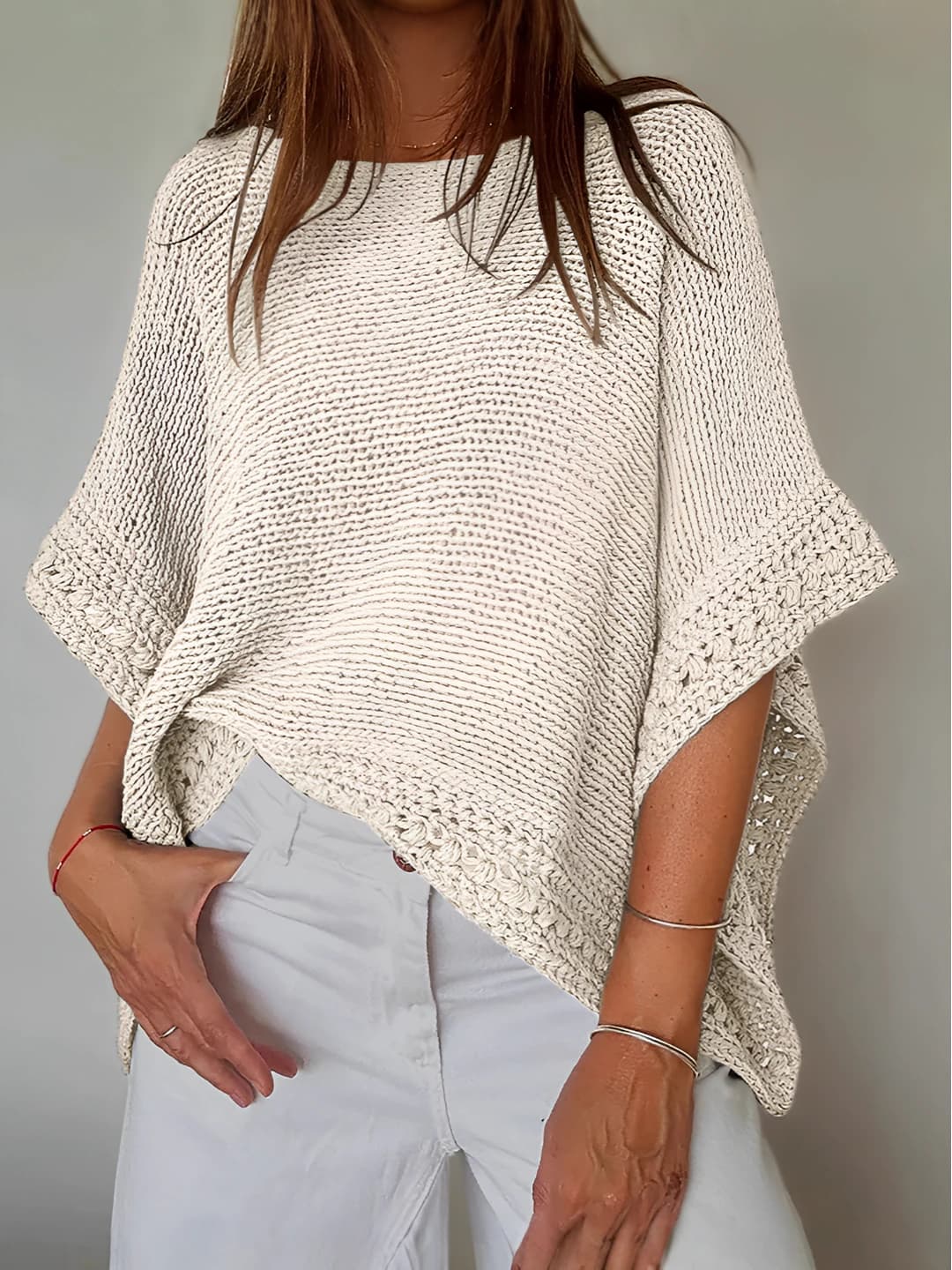Women's spring-autumn solid colour crew neck loose fit sleeveless knit top poncho