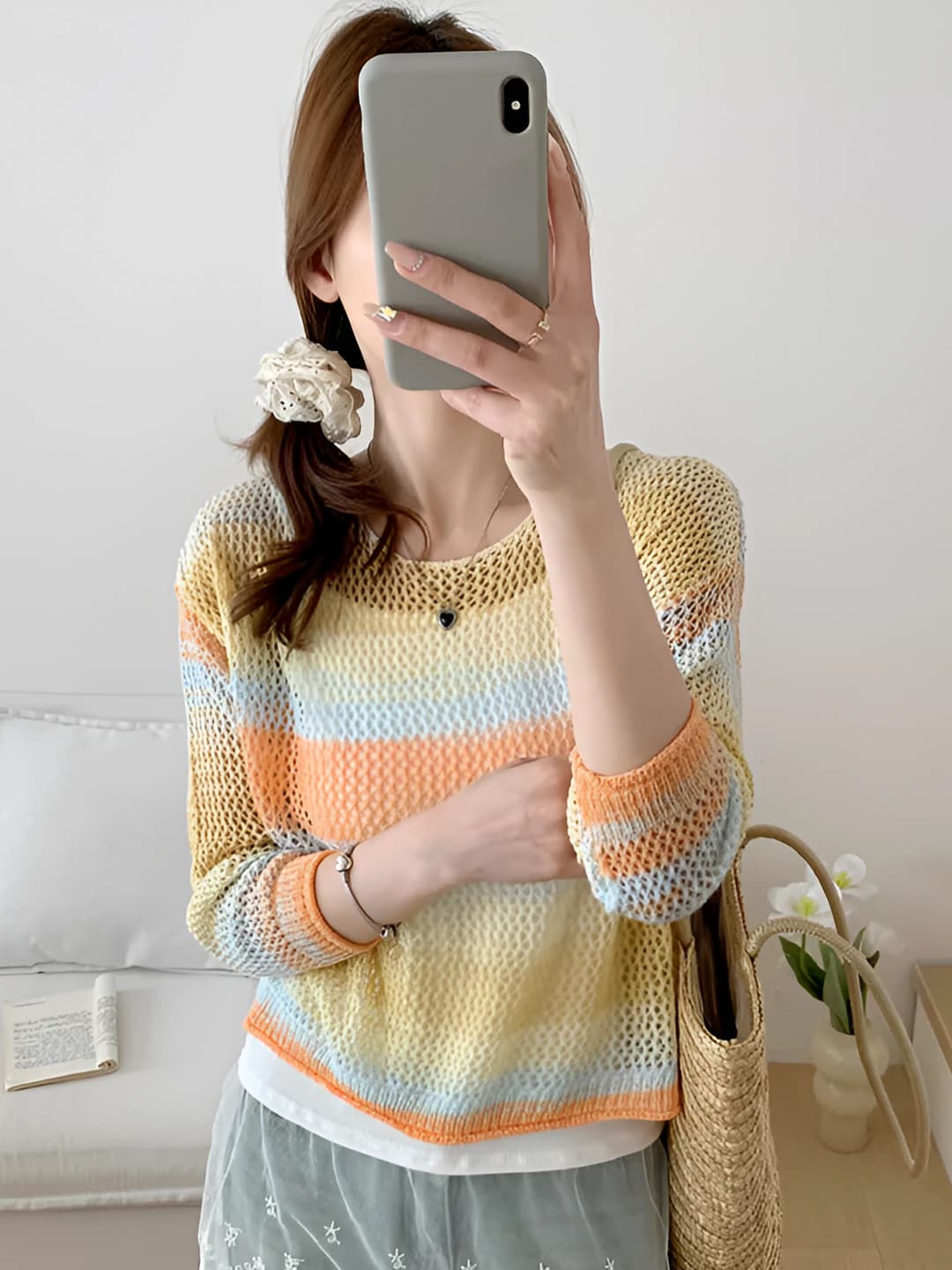 2026 Summer Women's Thin Loose Fit Knit Top, Crew Neck, Long Sleeve, Rainbow Pattern