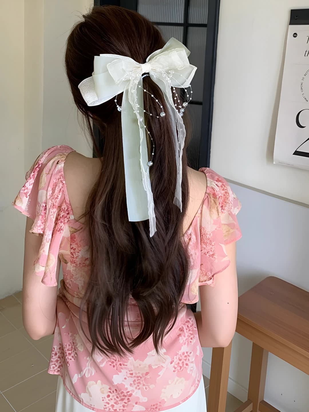 Women's mesh hair clip with bow and ribbons, handmade, spring clip