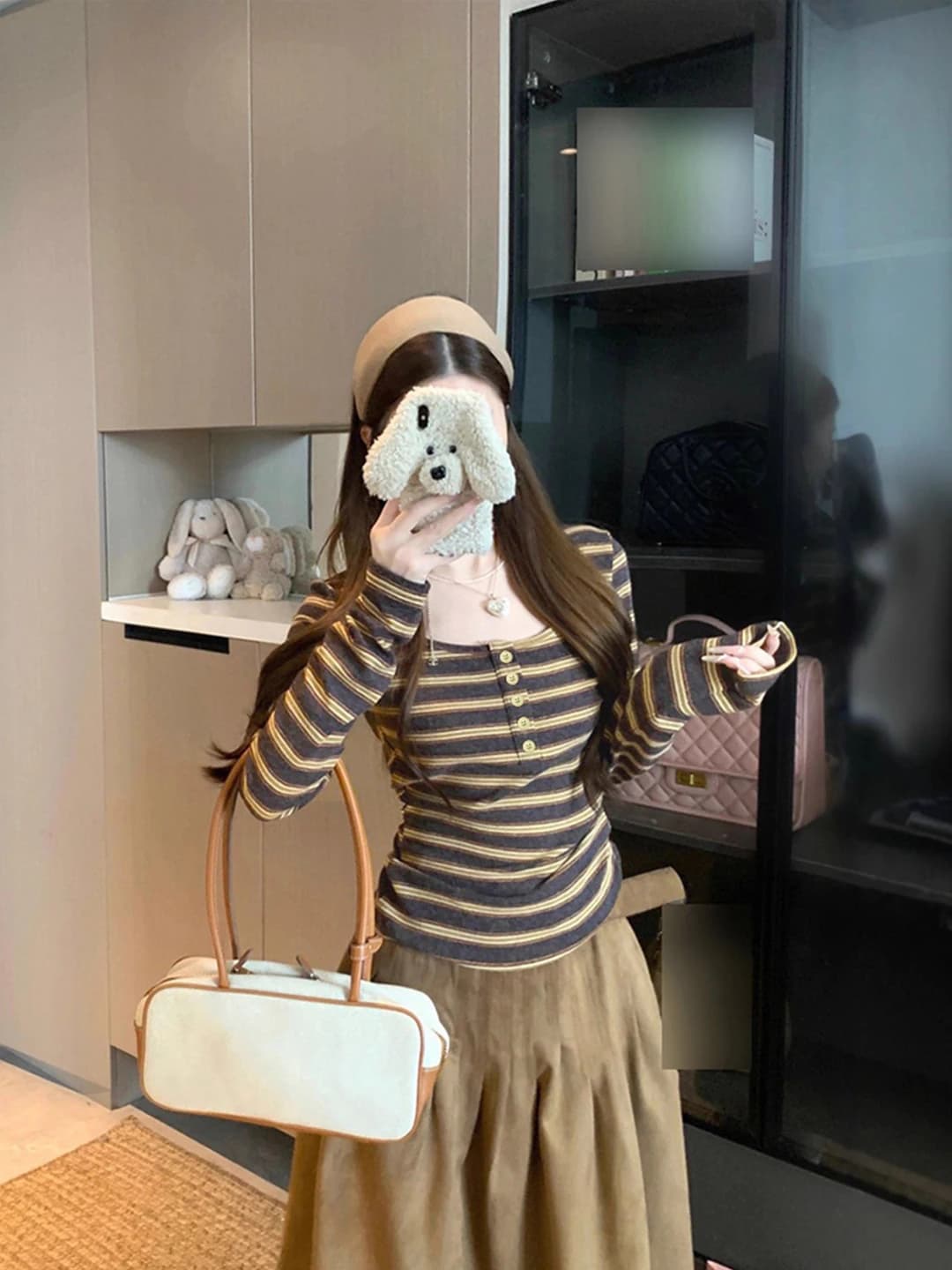 Women's autumn-winter striped long-sleeve cropped long-sleeve base top, retro style, slim fit, crew neck, for petite
