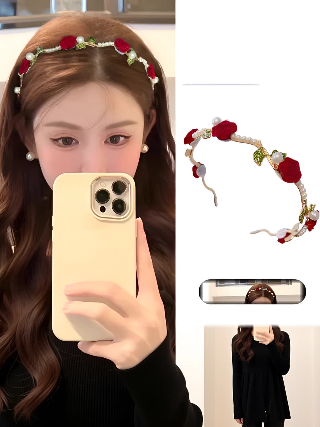 Ayollar uchun retro uslubdagi quruq gʻulqum rangli gullar va marvaridlardan iborat obodok