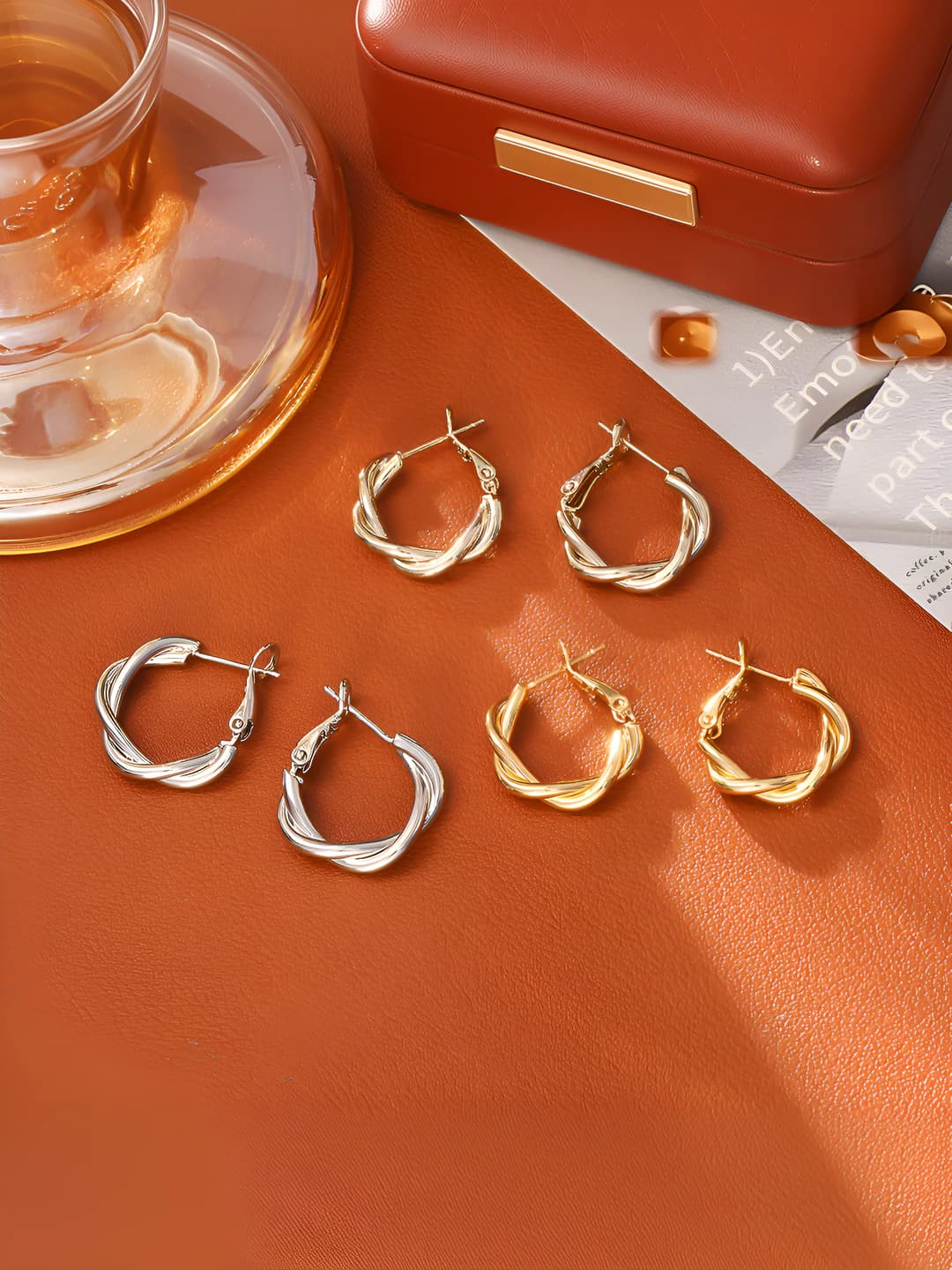 Women's twisted hoop earrings, cold style, geometric design element, copper with real gold plating, 925 silver post