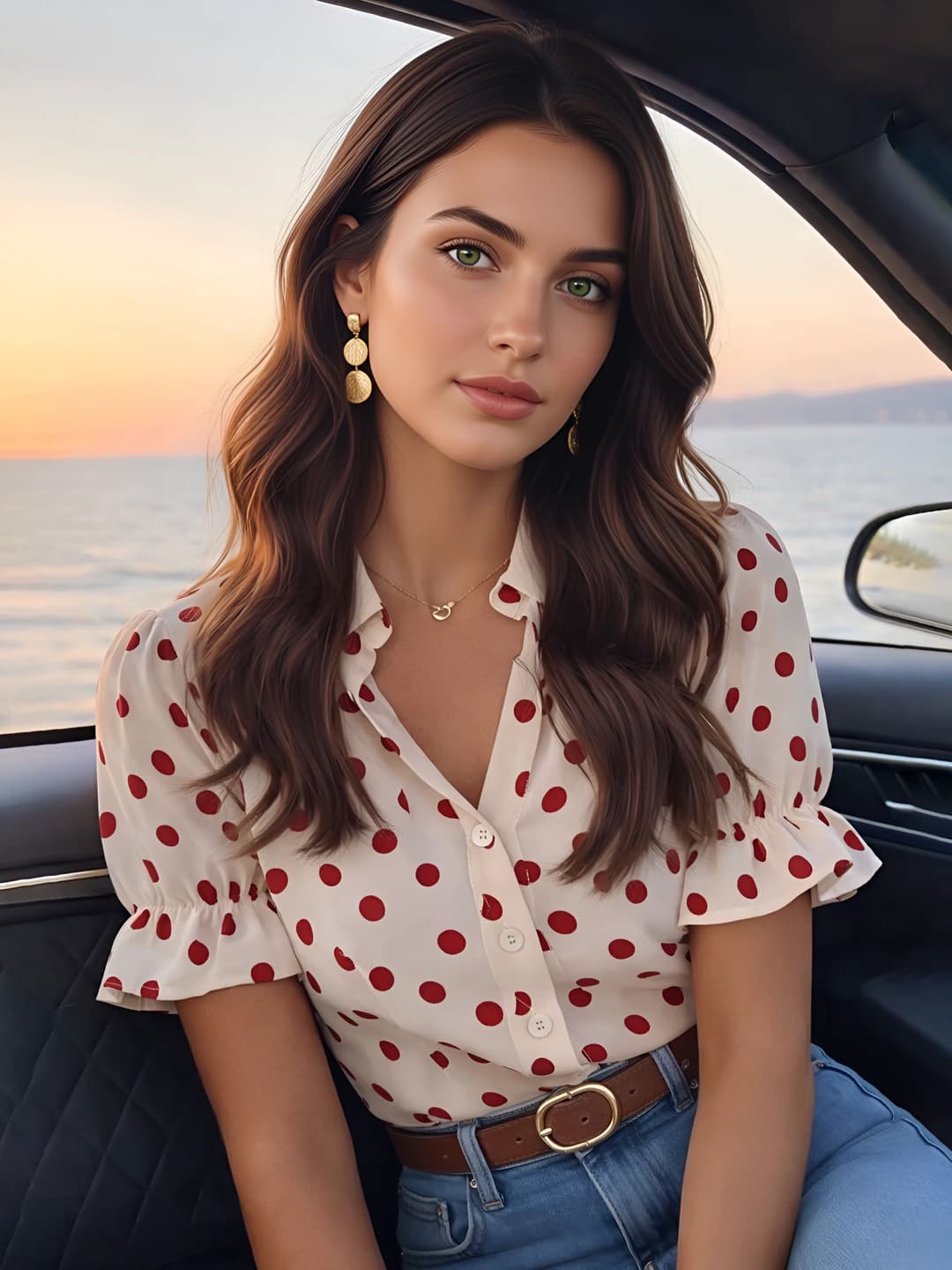 Women's summer polka-dot short-sleeve puff-sleeve blouse, loose fit, POLO collar, button closure, designer style