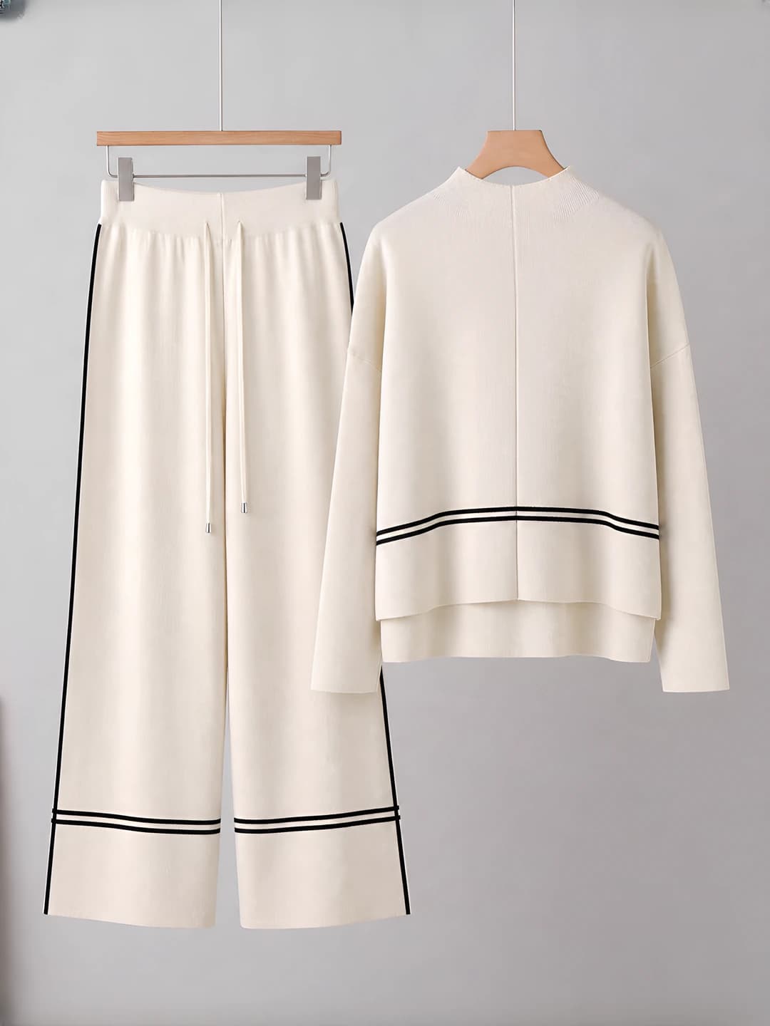 Ayollar uchun qishki to'qilgan kostyum: uzun yengli ko'ylak va uzun shim, splicing dizayn, merinos paxta, 70-80% polyester, kundalik uslub