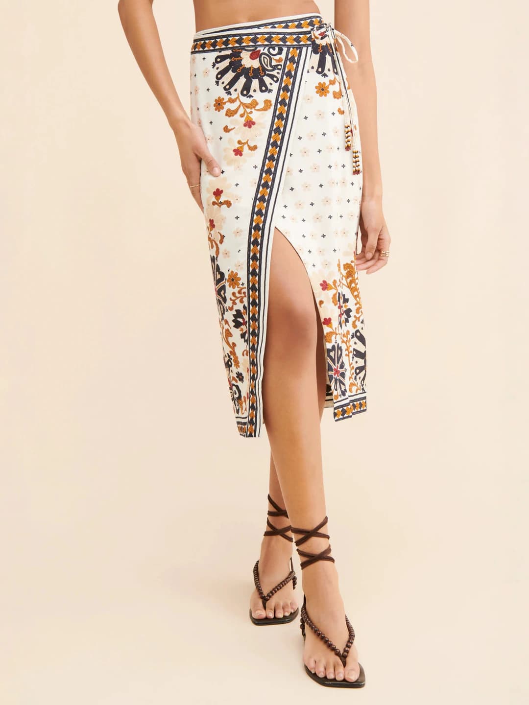 Women's embroidered wrap skirt with slit, high waist, slimming, chiffon, mid-length