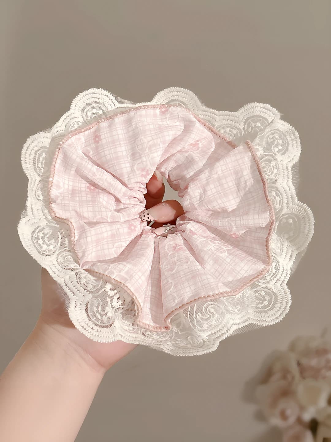 1# Розовый клетчатый кружевной край ~16 см