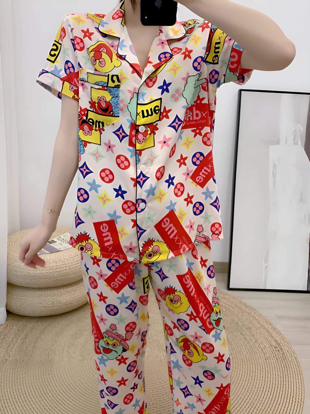 Women's ice-silk fabric pajama set: short sleeve, trousers, thin, lapel collar, breathable, loungewear